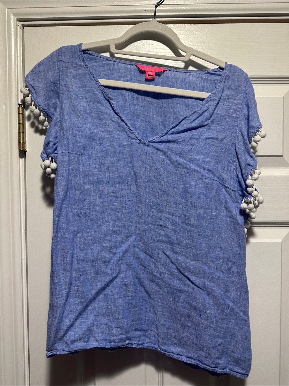 Lilly Pulitzer Sky Blue Pom-Pom Sleeve V-Neck Top